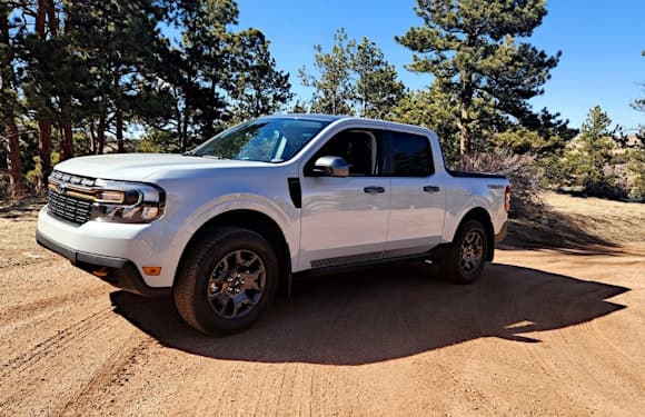 white 2023 ford maverick lariat tremor front side view