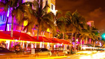 Ocean Drive scene at night lights, Miami beach, Florida, USA