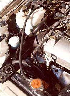 Most cars have a plastic coolant recovery tank (top of photo) connected to the radiator by a hose, so there's no need to open the radiator cap itself (orange label at bottom). The coolant level should be at the tank's MAX or HOT line when the engine is hot, and lower when it's cold.